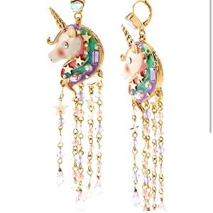 Betsey Johnson Unicorn Chandelier Earrings, Pink, Purple, Teal, Gold 4.5”